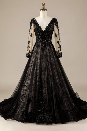 Błyszcząca Czarna Koronki Suknia Ślubna Księżniczka z Długim Rękawem